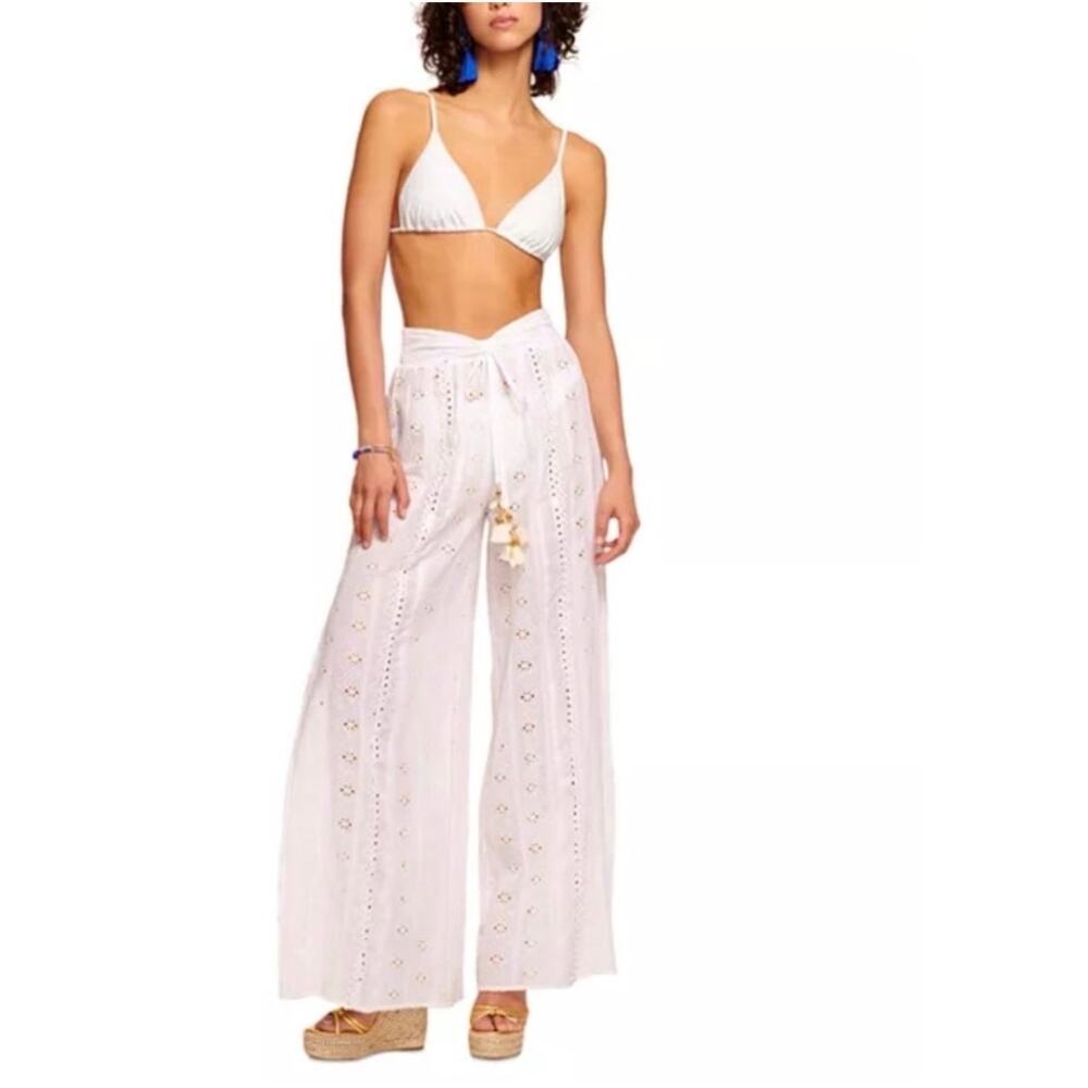 Ramy Brook Adelia Side Split Eyelet Designer Cover-Up Wide Leg Pants White XL